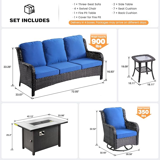 ovios 8 Pieces Patio Furniture Set, Outdoor Wicker Sofa Couch with Swivel Chairs 42" Fire Pit Table, High Back All Weather Modern Conversation Sets, Brown Rattan, Navy Blue