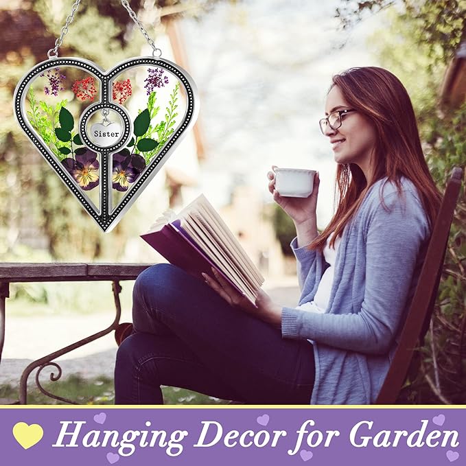 KY&BOSAM Heart Suncatcher Sister Stained Glass for windsows Hanging Wind Chimes with Pressed Real Flower Heart in Glass with Metal Trim Heart Charm Birthday Gift for Sister Mothers Day Christmas Decor