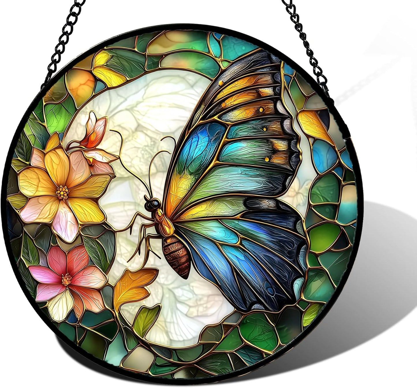 Stained Glass Window Hanging, Butterfly Flower Sun Catchers Diamond Glass Panel Hangings Insect Suncatcher Decor for Birthday for Women, Men, Wife, Aunt, and Mom 11.8x11.8 in