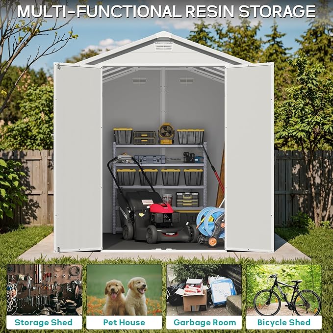 Greesum 6×10FT Plastic Outdoor Storage Shed with Floor, Resin Storaged Sheds with Lockable Double Door, Windows & Vents, All-Weather Tool Sheds for Garden, Backyard, Patio, Light Gray