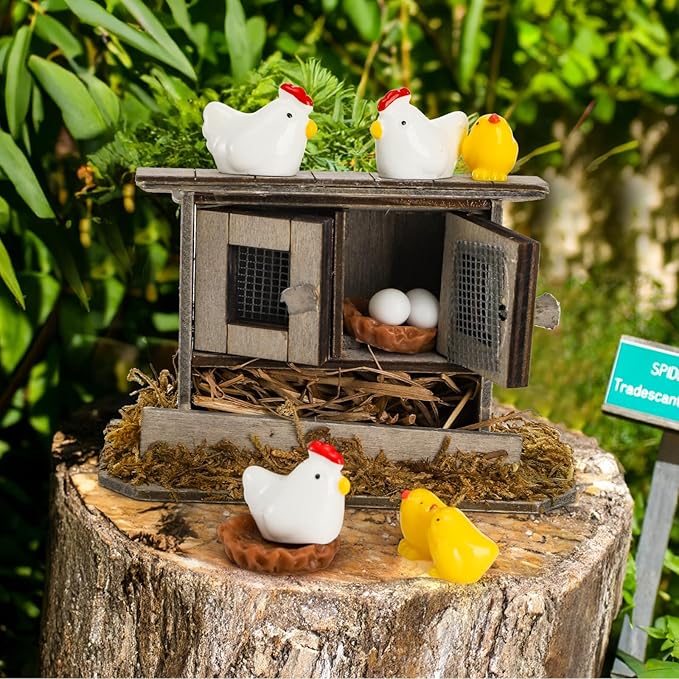 Nicunom 20Pcs Miniature Retro Wooden Chick Coop, Mini Family Chickens, Hen, Chick, Egg, Chicken Nest Ornament for Fairy Garden Accessories, Micro Landscape Lawn Decor