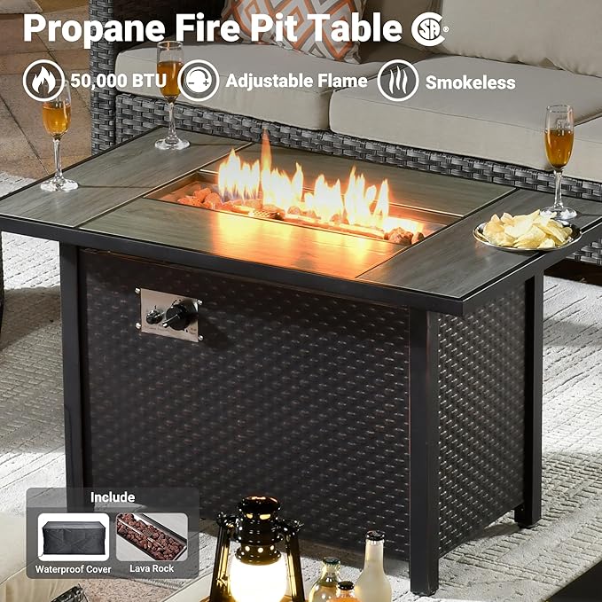 ovios 7 Pieces Patio Furniture Set with 42" Fire Pit Table, Outdoor Wicker Sofa with Swivel Chairs, All Weather High Back Rattan Couch Conversation Set, Beige