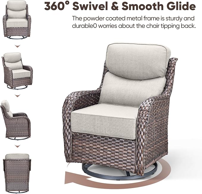 Swivel Patio Chairs sofa Set of 5 with 6" Thick Cushion - Wicker Outdoor Swivel Rocker Patio Chair ,Sofa/Glass coffee table, High Back Comfortable Outdoor Glider Chairs - Brown Wicker | Beige Cushions