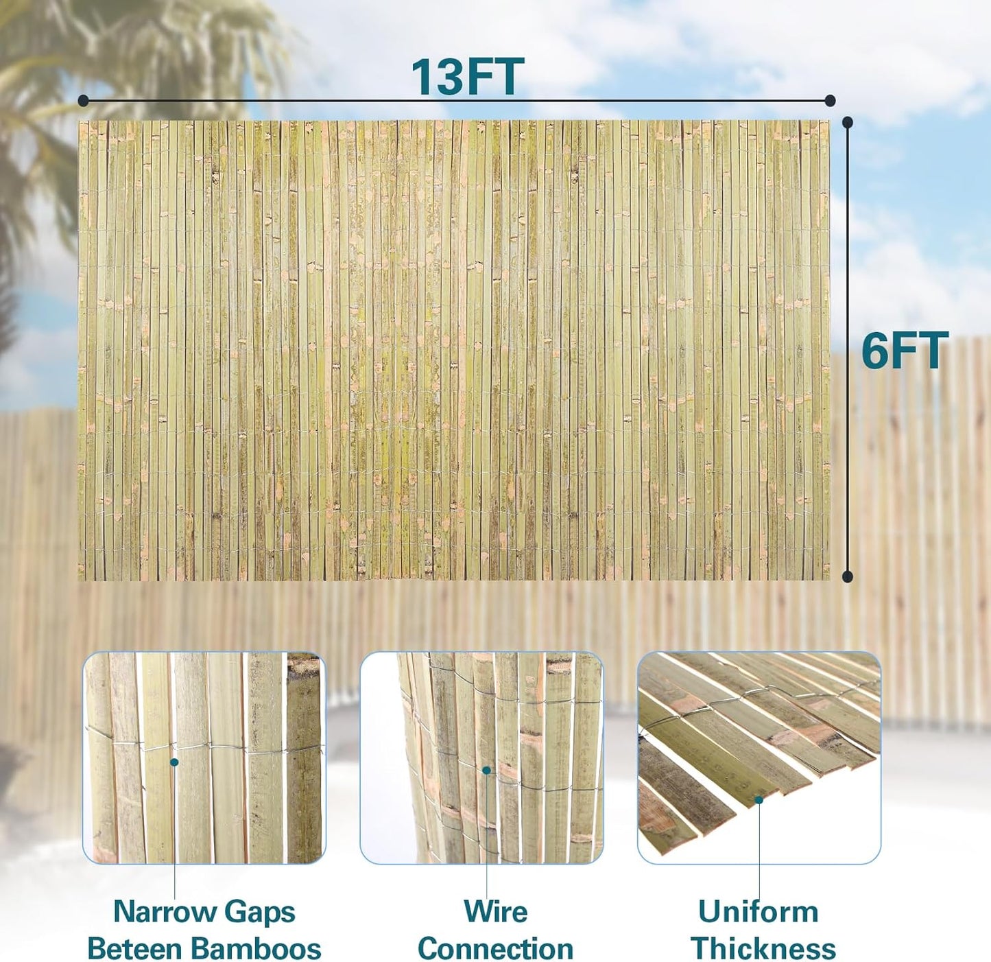 Bamboo Slat Fence 6ft x 13ft, Natural Split Bamboo Fencing, Privacy Screen 6 Feet High Outdoor, Privacy Fence for Garden, Divider, Balcony, Pool