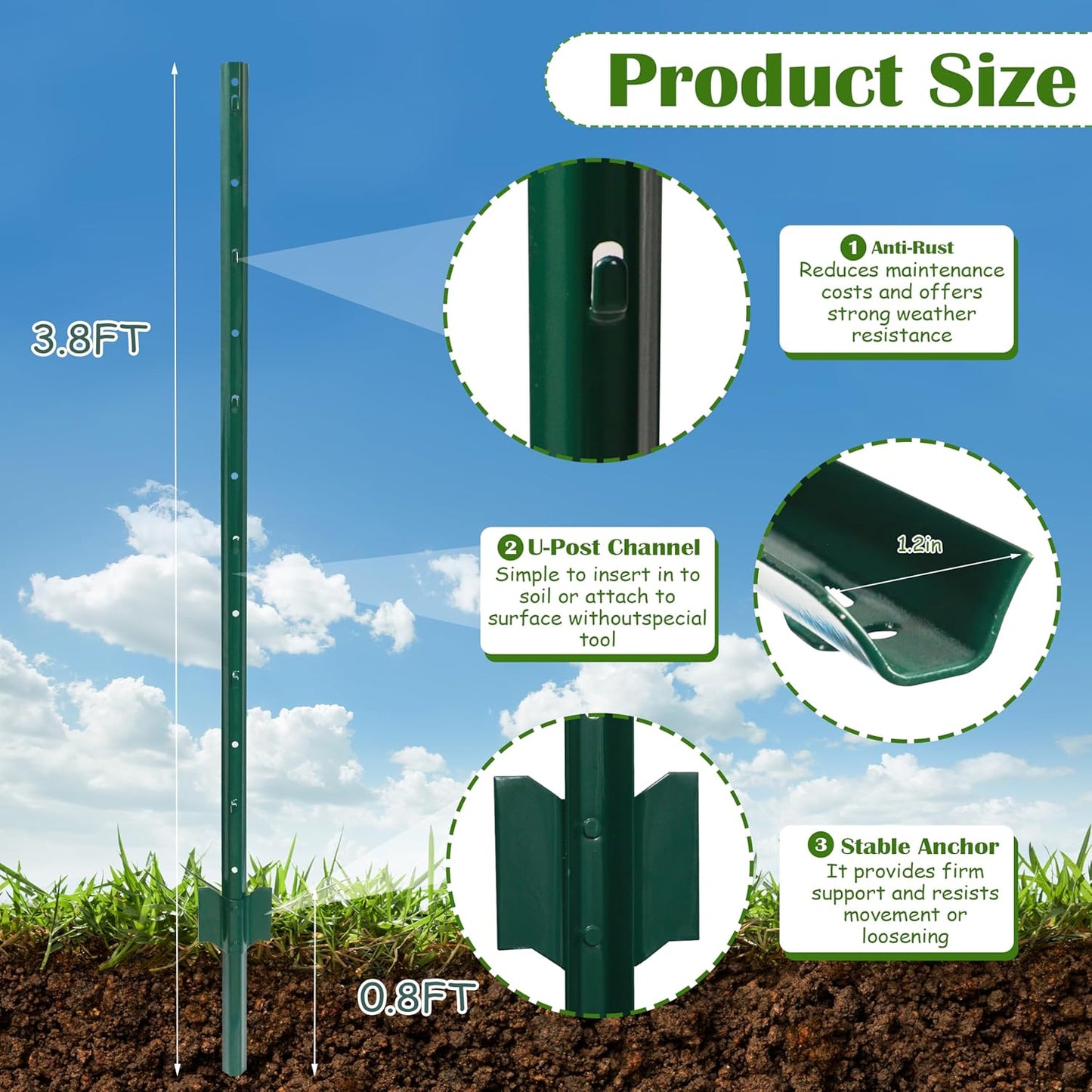 Sunnyglade 20 Pack 3.8 FT Heavy Duty Metal U-Post Garden Fence Stakes, No Dig U-Channel Fence Posts, Corner Anchor Poles for Wire, Electric, Mesh Fencing (20)