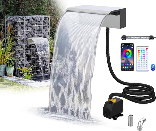 Stainless Steel Waterfall Spillway, APP Control Multi-Color LED Light Outdoor Pool Fountain, Water Spillway Koi Pond Waterfalls Fountains Kit for Garden Patio Swimming Pool Decoration-11.8"