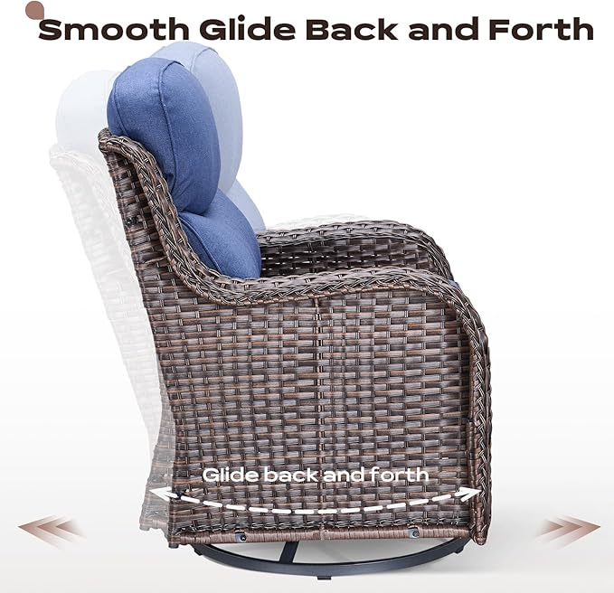 Rilyson Outdoor Patio Swivel Rocker Chairs Set of 2, Waterproof Wicker, High Back, Deep Seating, Wide Armrest, Upgraded 6 inch Thick Cushions, Side Table, Ideal for Deck Porch Yard, Brown/Blue