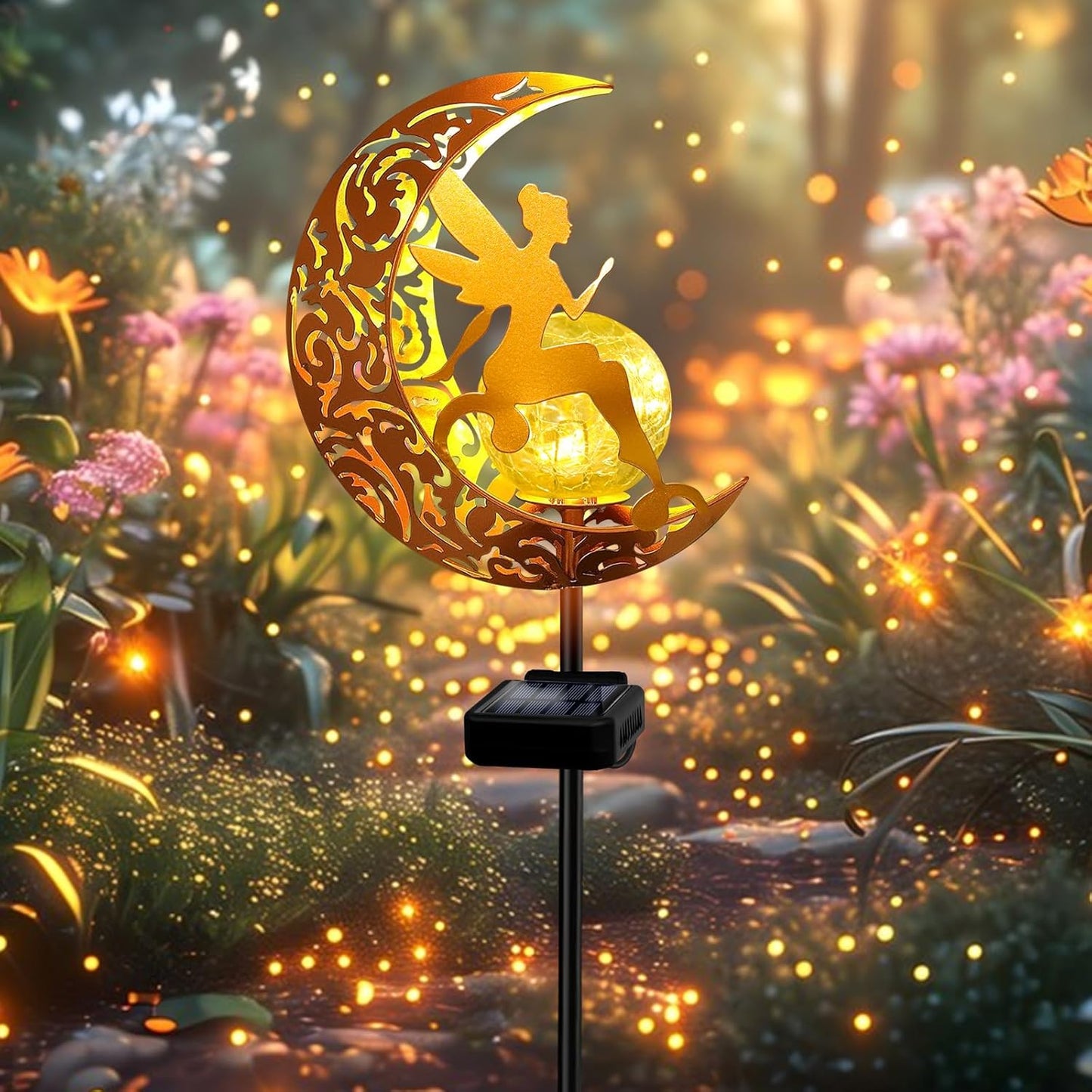 YJFWAL Garden Solar Lights Pathway Stake Lights Moon Fairy Glass Globe with Angel Decor, Gifts for Mom Grandma Friends, Outdoor Decor Light Waterproof for Walkway, Yard, Patio or Garden (Warm White)