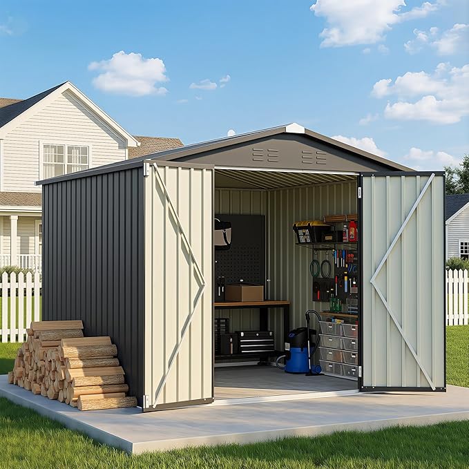 Greesum 8x8FT Outdoor Storage Shed, Utility Tool Shed Metal Storage Garden Shed with Door & Lock for Patio Storage, Black