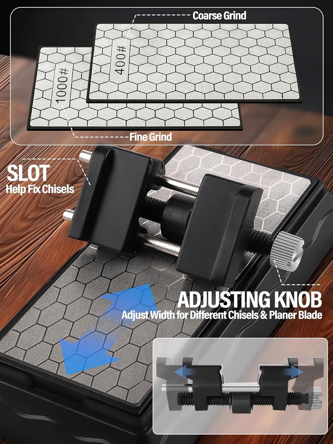 Diamond Sharpening Stones with Honing Guide, Kalolary Knife Sharpener Stone with Non-Slip Base for Chisels Planes Sharpening Stone Set Fine/Coarse Diamond Sharpening Plate with Angle Guide (400/1000)