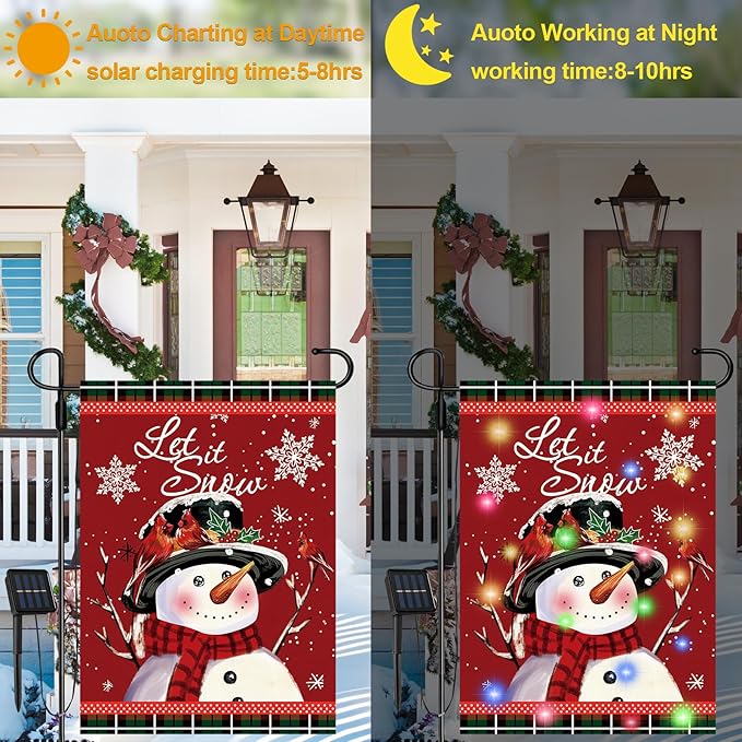Lighted Seasonal Garden Flags Set of 12 Double Sided 12 x 18 Inch LED Yard Flags, Small Flags for Outside, Fall Winter Halloween Christmas Outdoor Flags,Solar Holiday Garden Flags for All Seasons