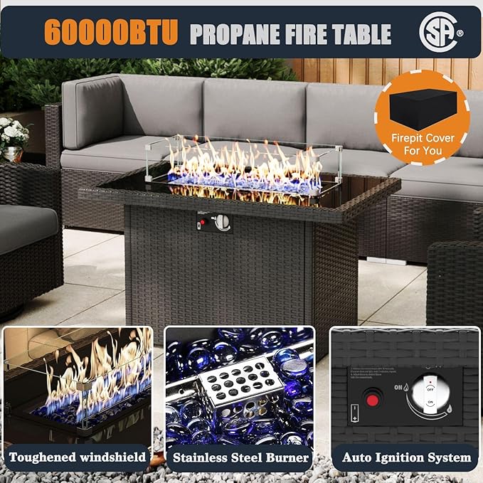 Patio Furniture Set with Fire Pit Table, 11 Pieces Outdoor All-Weather Wicker Conversation Sectional Chair Sofa Set with 2 Swivel Chairs