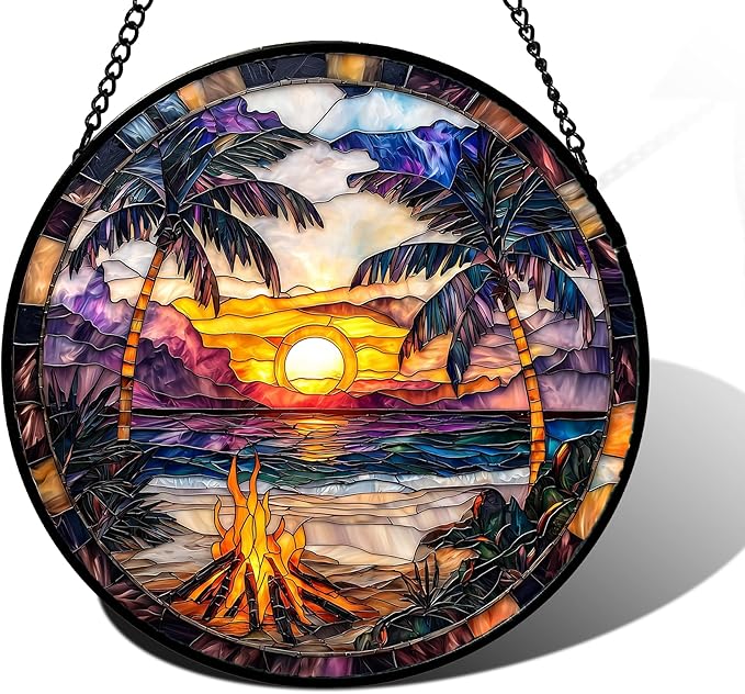 Stained Glass Window Hanging,Bonfire Beach Landscape Suncatcher Diamond Glass Panel Sun Catchers Decor for Birthday for Women, Men, Wife, Aunt, and Mom 11.8x11.8 in