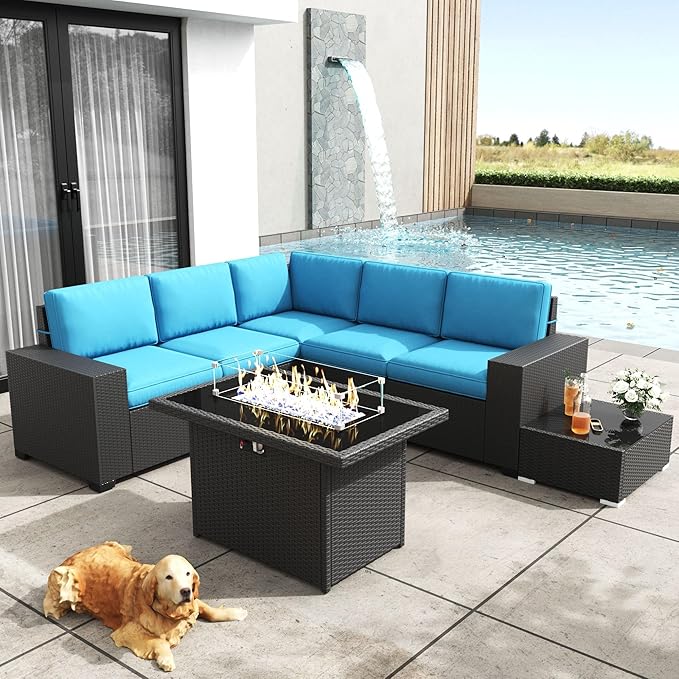 Patio Furniture Set with Fire Pit Table, 7 Pieces Outdoor All-Weather Wicker Conversation Sectional Chair Sofa Set
