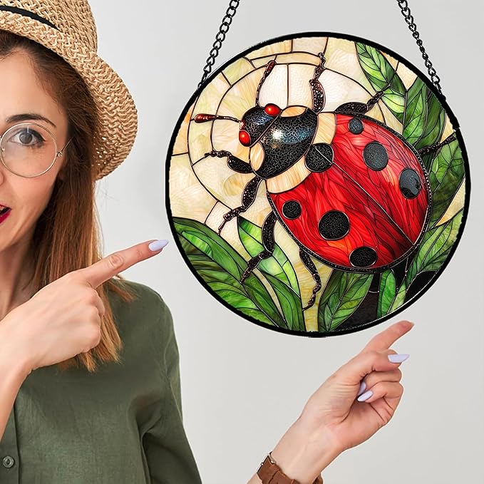 Stained Glass Window Hanging - Red Seven-Spotted Ladybug Sun Catcher for Door Home Decor Insect Suncatcher Christmas Mother's Day Birthday Gifts for Women Men Mom Nana 7.8 in