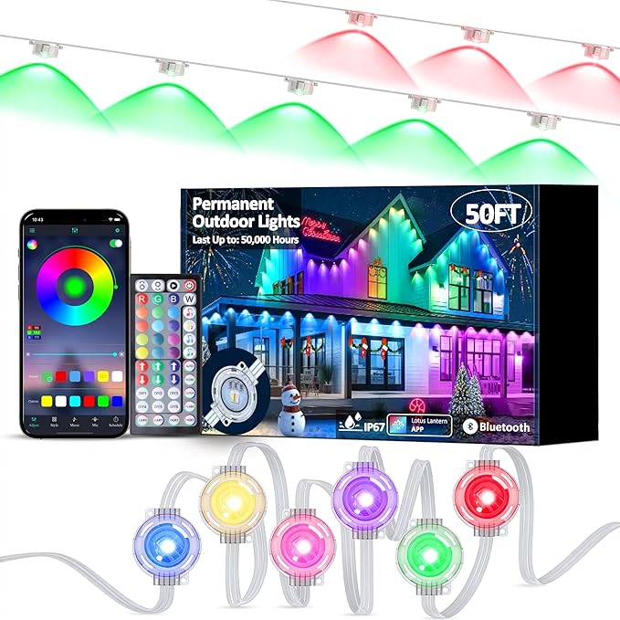 RGB Permanent Outdoor Lights, Smart LED Eaves Lights with APP & Remote Control, IP67 Waterproof Outdoor String Lights for Christmas, Halloween,Party, Garden, Patio, House Decor