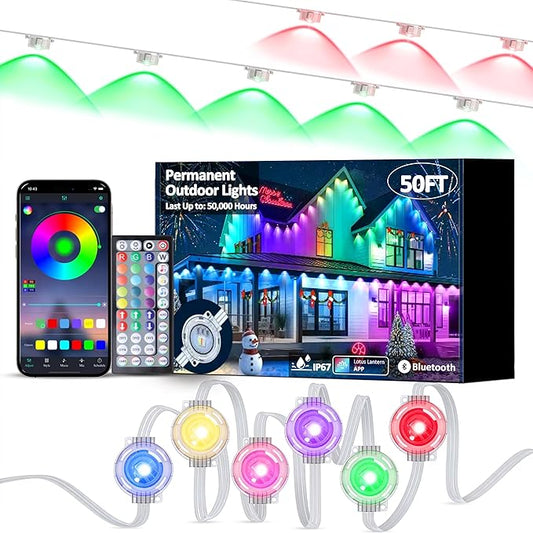 RGB Permanent Outdoor Lights, Smart LED Eaves Lights with APP & Remote Control, IP67 Waterproof Outdoor String Lights for Christmas, Halloween,Party, Garden, Patio, House Decor