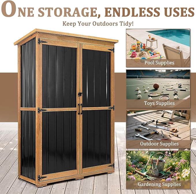 46" L Large Outdoor Storage Cabinet with Shelves, Wood & Metal Storage Shed Weather-Resistant, Outside Storage Cabinet for Garage Patio Backyard Garden with Waterproof Roof
