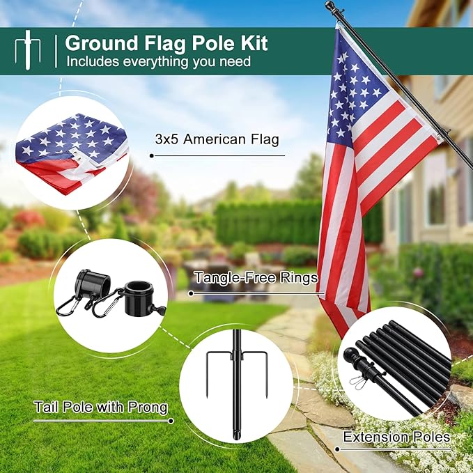 Yard Flag Pole for Outside House in Ground - 8.5 ft Tangle Free Stainless Steel Flagpole with 2 Anti-Tip Prong Base,Portable Flag Pole kit with 3x5 American Flag for Outdoor RV Camper,Black