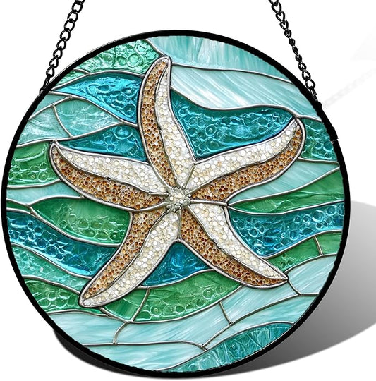 Stained Glass Window Hanging Teal Sea Waves Starfish 7.8" - Suncatcher Door Garden Sun Catcher Home Decor Birthday Mother's Day for Mom Men Woman Parents Her Child Nana
