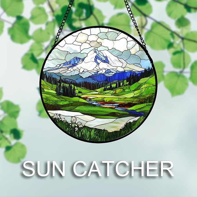 Stained Glass Window Hanging 4 Pcs Set Mountains Lake Green White Landscape Large 15" - Suncatcher Door Garden Sun Catcher Decor Birthday Christmas for Mom Woman Nana Men