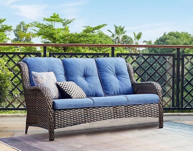 HUMMUH 4 Pieces Outdoor Furniture Patio Furniture Set Wicker Outdoor Sectional Sofa with Swivel Rocking Chairs,Outdoor Coffee Table,Brown/Blue
