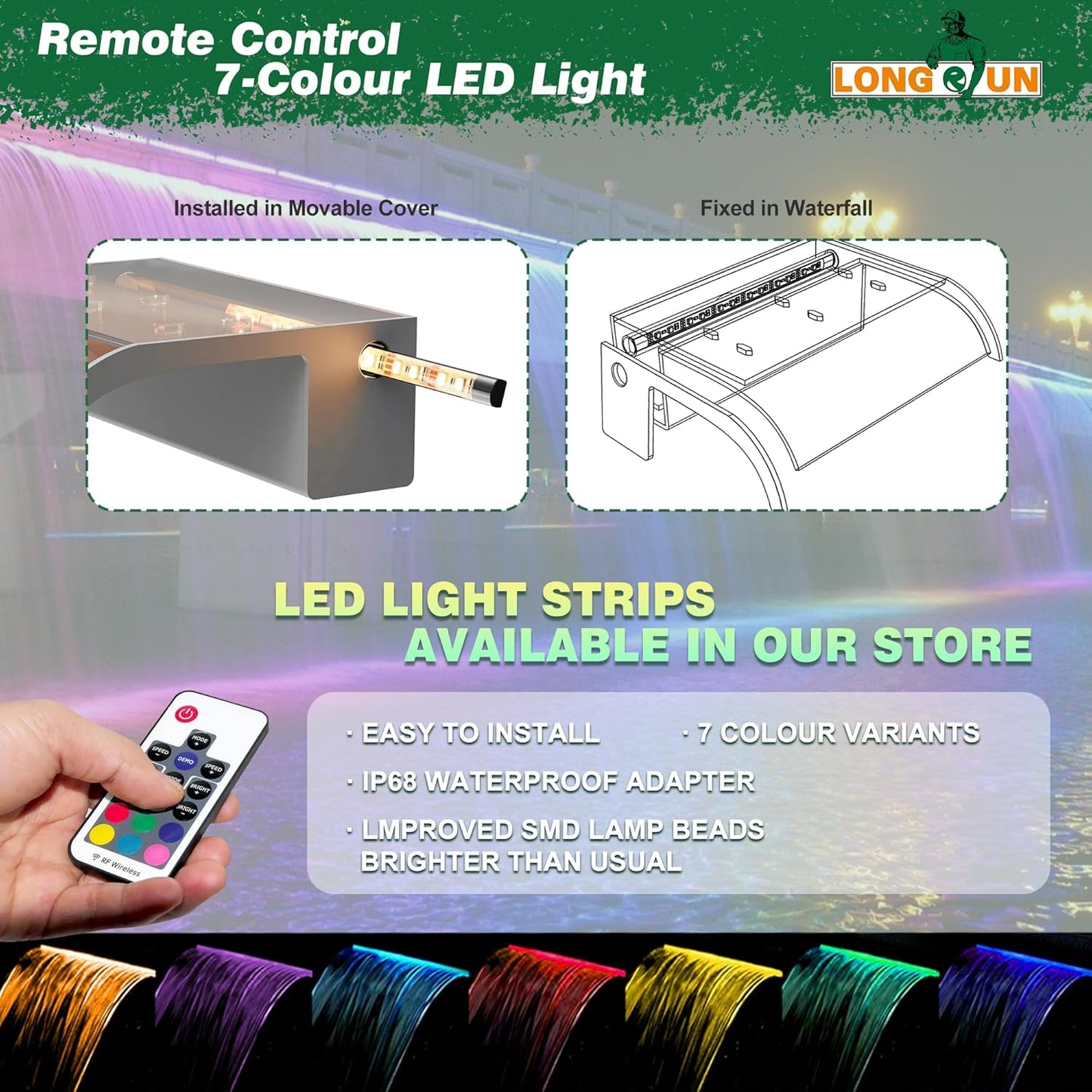 Pool Fountain, LONGRUN Waterfall Spillway for Koi Ponds - 23.6" Transparent Acrylic Waterfall Multi-Color LED Lights for Swimming Pool, Garden Pond, Patios, Spa Decoration