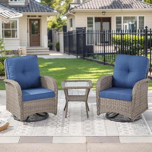 HUMMUH 3 Piece Outdoor Rocking Chairs Bistro Set-All Weather Wicker Outdoor Swivel Chairs Set of 2 with Side Table Small Patio Furniture Set for Deck Lawn Porch Balcony Poolside-Grey/Blue