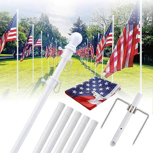 Barcetine 4-Pack Ground Flag Pole Kit - 8.5 FT Tangle Free with Anti-Tip Stand Prong -1 inch Heavy Duty Portable Inground Flag Holder for Yard Garden Outdoor, Bonus 3x5 US Flag,White