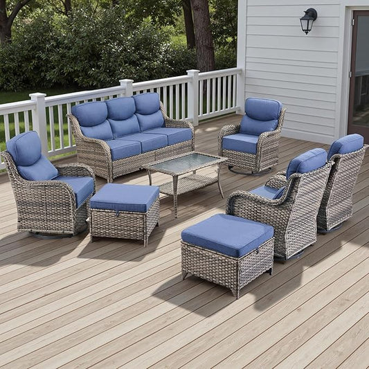 Rilyson Wicker Outdoor Patio Furniture Set - 8 Piece Patio Conversation Sets with Swivel Rocker Chairs, Ottomans, Sofa and Table, 6 inch Cushions, Deep Seating, for Porch Deck Mixed Grey/Blue