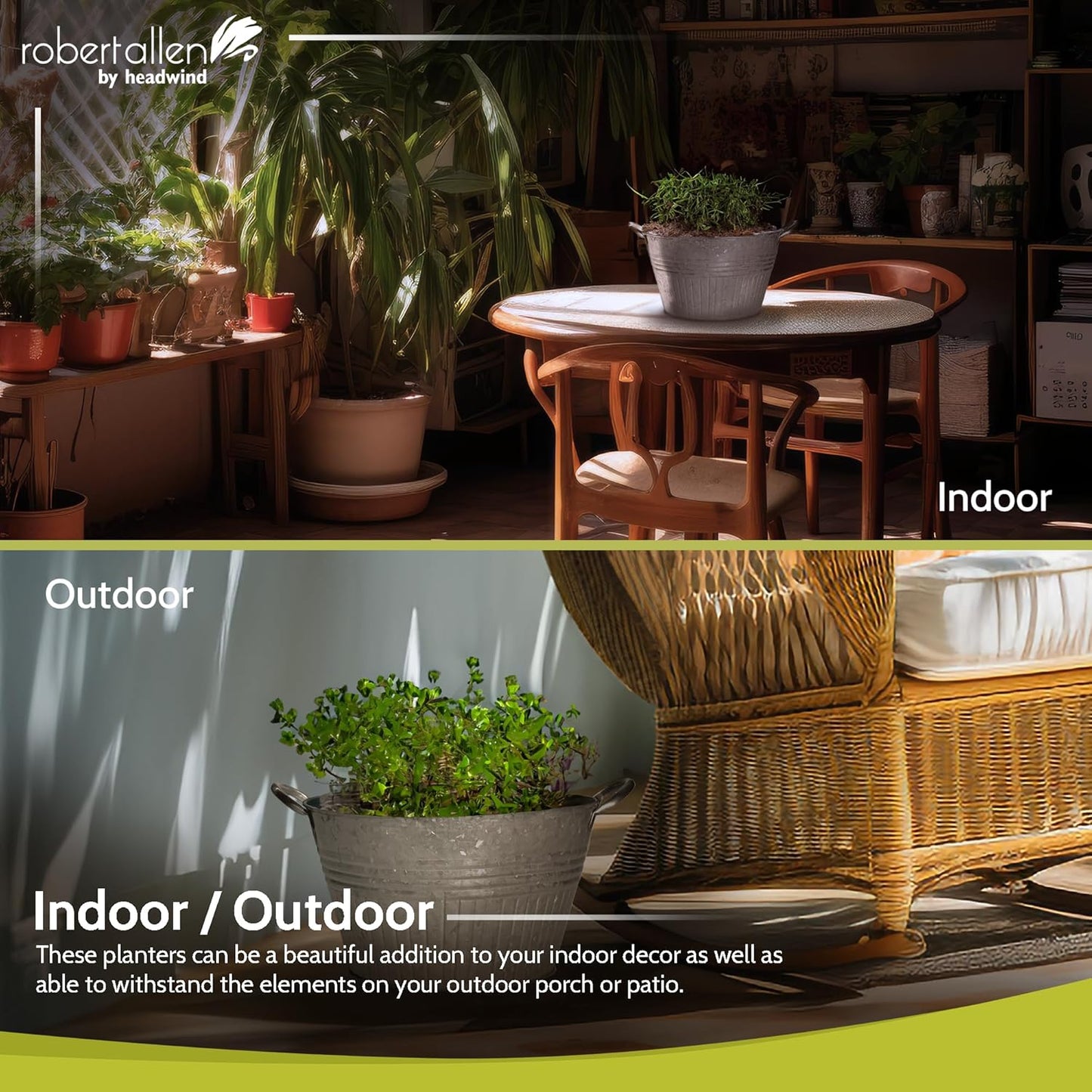 Headwind Round Galvanized Tub Planter with Handles – 12 Inch Lightweight Metal Planter with Drainage Hole – Galvanized Steel Tub for Plants - Metal Flower Pot by Robert Allen