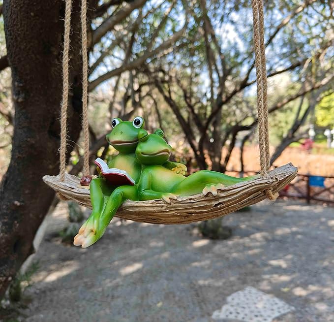 Artisan Flair Hanging Swing Frog Statues - Frog Statues for Garden Outdoors, Reading Book Frog Statue Figurine, Resin Couple Frog Statue for Garden, Balcony, Tree Decoration