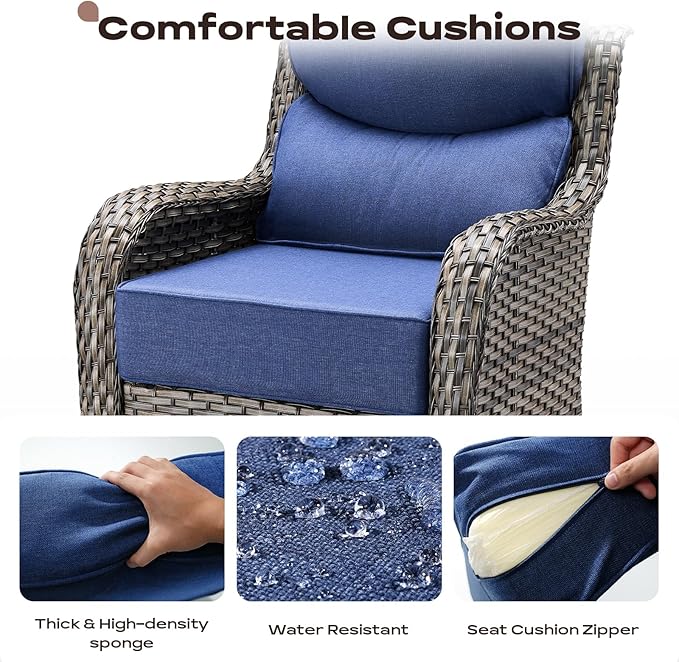 Rilyson Patio Outdoor Swivel Rocker Chairs Set of 2, Waterproof Wicker, High Back, Deep Seating, Wide Armrest, Upgraded 6 inch Thick Cushions, Ideal for Deck Porch Backyard, Mixed Grey/Blue