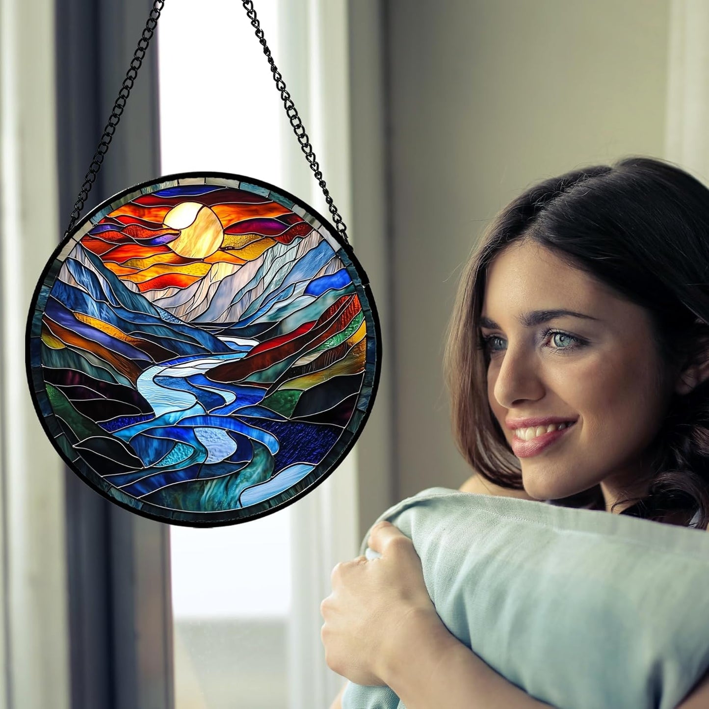 Stained Glass Window Hanging, Canyon Mountains Sunset View Sun Catcher for Window Home Decor Landscape Suncatcher Mother's Day Birthday Gifts for Women Men Mom and Nana 7.8 in