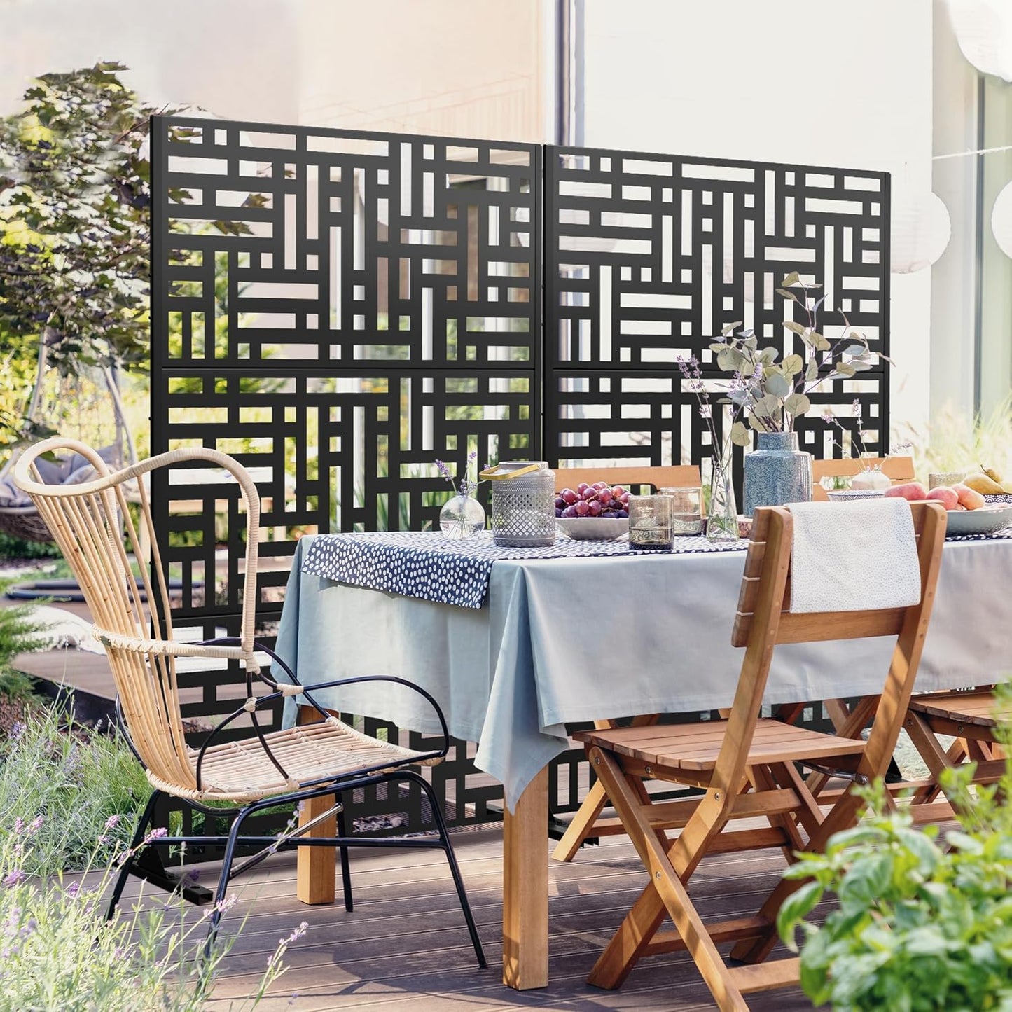 Metal Privacy Screen 72" H47 W,Freestanding Decorative Outdoor Panel for Balcony Patio Lawn Garden,Fence-Black & Street