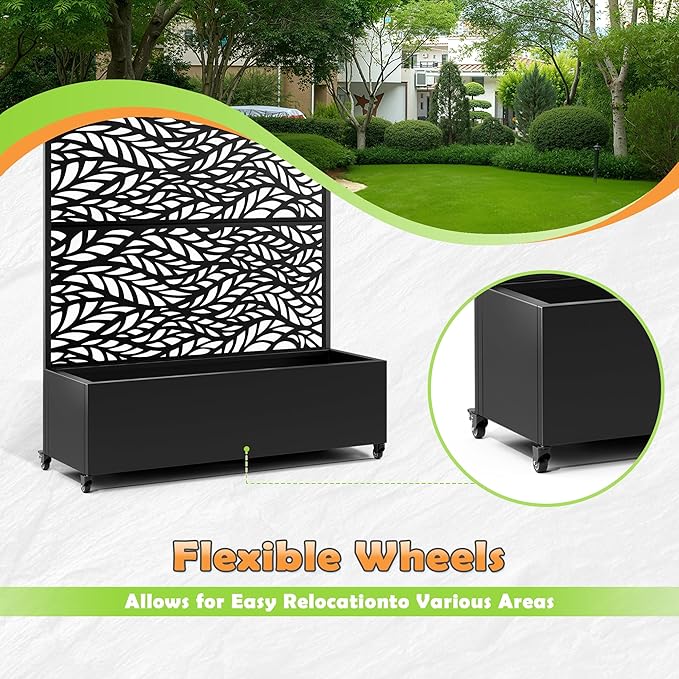 Metal Raised Garden Bed with Trellis, 2-in-1 Planter Box & Privacy Screen for Climbing Plants, Outdoor Standing Flower Bed with Drainage Holes, 47.2" L x 16.7" W x 70.8" H, Black-Spring