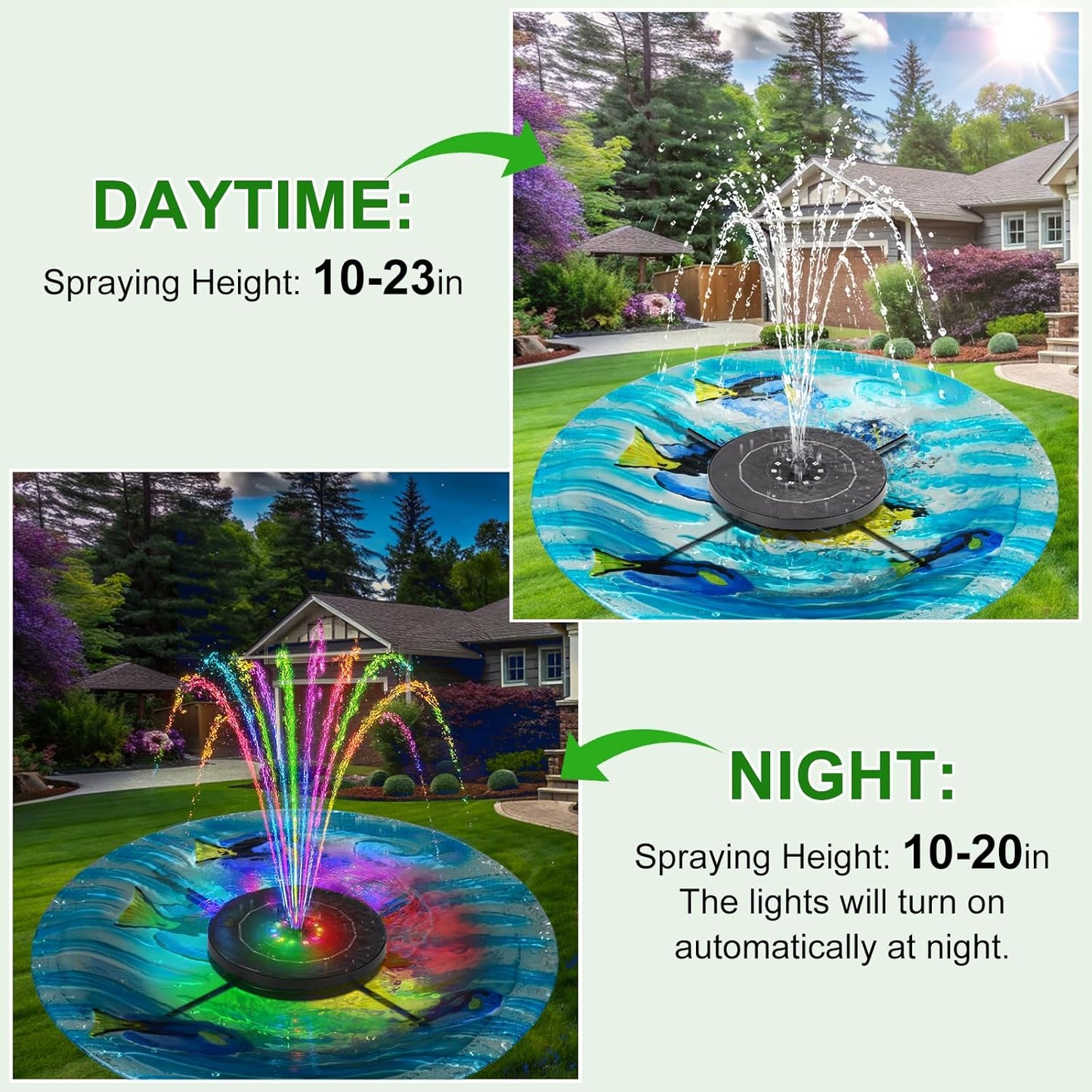 Solar Fountain Pump with 3 Spray Height Adjustments, Upgraded Glass Solar Bird Bath Fountains with LED Lights,6 Nozzles,Outdoor Solar Water Fountain Pump for Bird Bath, Garden, Pool, Pond