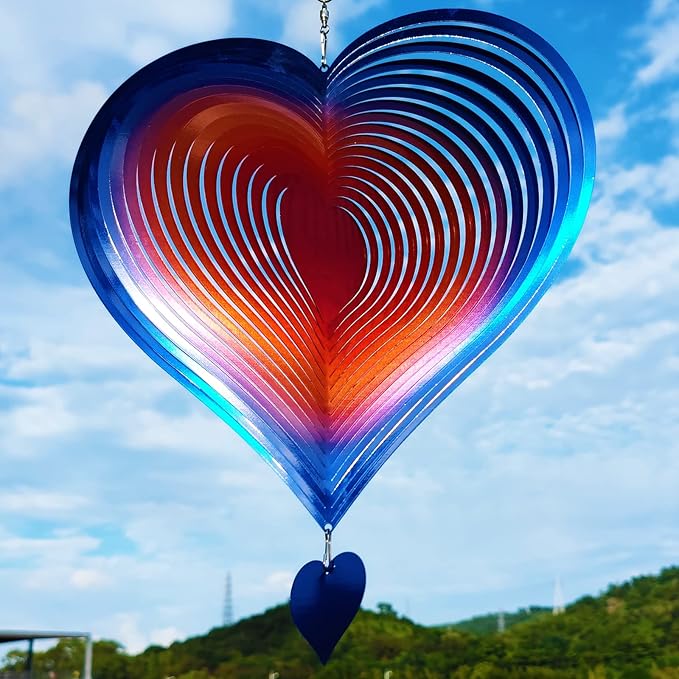 DJUAN Wind Spinners Outdoor Garden Decor 12inch Blue-Orange Love Heart Hanging Wind Spinner Metal Yard Art Decorations Kinetic Wind Sculptures & Spinners Birthday Gifts for Women, Mom, Grandma