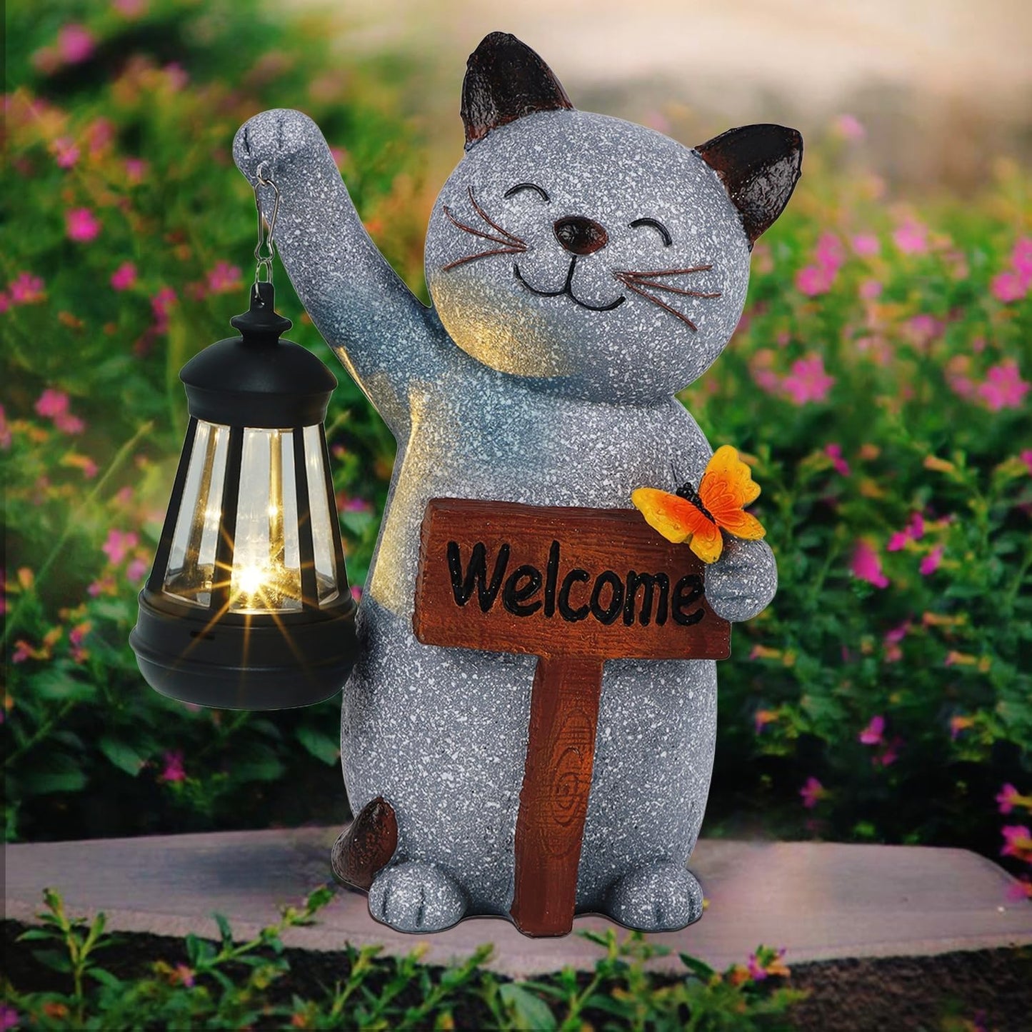 Juegoal Garden Statue Solar Cat Figurine with Lantern, 10" Resin Kitten Outdoor Lawn Porch Yard Art, Lighted Christmas Birthday Gifts for Mom Grandma