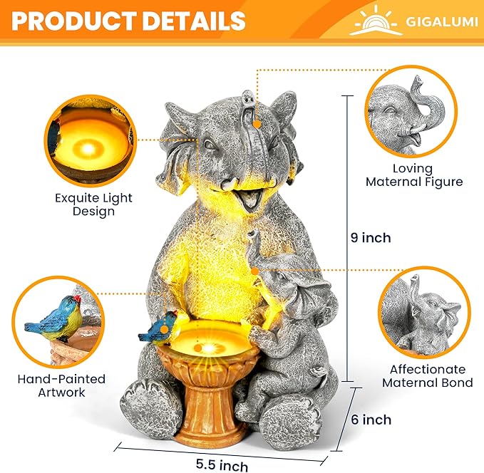GIGALUMI Solar Garden Decor Bird Bath Elephant Statues Outdoor, Birthday Gifts for Women, Gifts for Mom Grandma Senior Elder, Elephant Ornament for Balcony, Garden, Patio, Yard, Lawn
