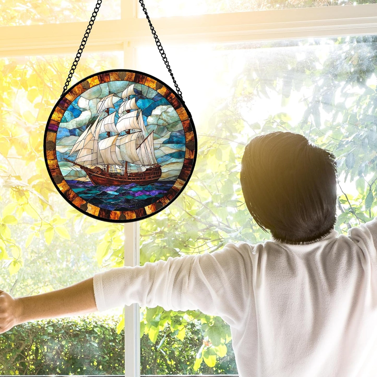 Stained Glass Window Hanging, Sailing Ocean Sun Catchers Glass Panel Navigation Suncatcher Decor for Birthday for Women, Men, Wife, Aunt, and Mom 6.3 in