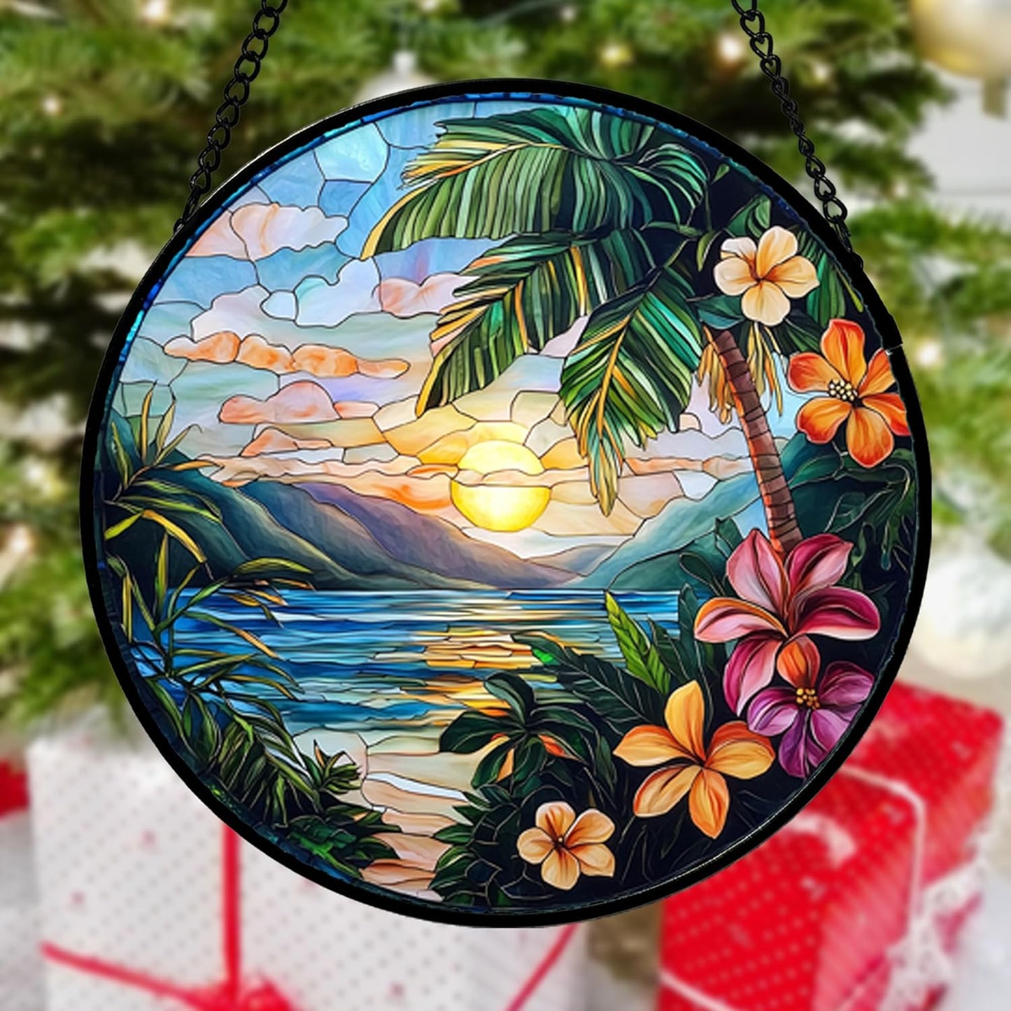 Stained Glass Window Hanging, Colorful Landscape Suncatcher for Doors Home Sun Catchers Decoration and Christmas, Mother's Day Birthday Gifts for Women, Men, and Mom 14.9x14.9 in