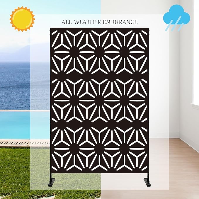 Kozyard Metal Privacy Screen 74" H x 47.2" W Decorative Outdoor Divider with Stand Panels Freestanding Screen Set for Deck Patio Balcony Garden Outdoor&Indoor(Black/Hexagonal Star)