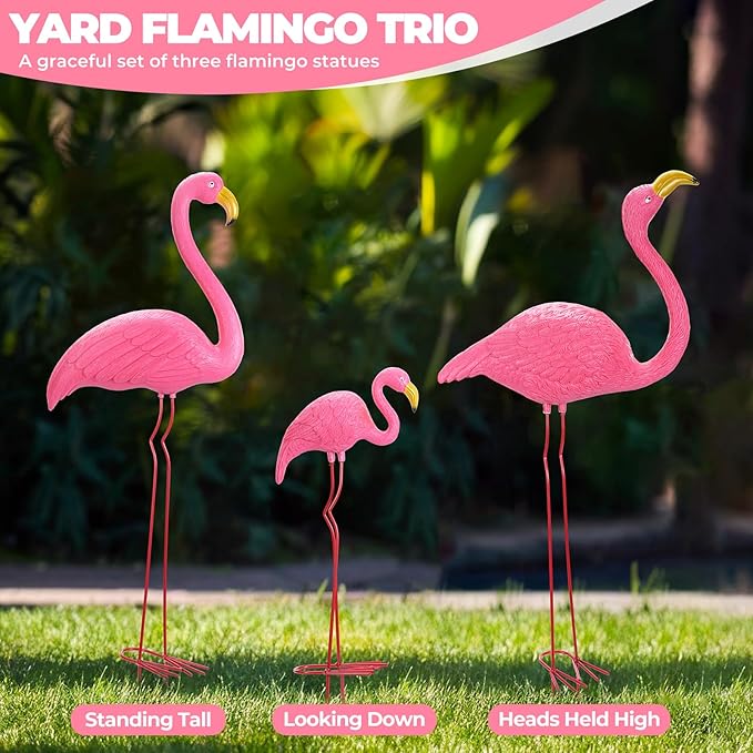 Ohuhu Family Flamingo Yard Ornaments, Set of 3 (32", 31", 19") Bright Pink Flamingos Ornaments with Metal Feet Stakes for Garden Yard Patio Party Decoration, Outdoor Decor Gardening