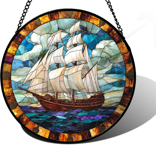 Stained Glass Window Hanging, Sailing Ocean Sun Catchers Glass Panel Navigation Suncatcher Decor for Birthday for Women, Men, Wife, Aunt, and Mom 7.8 in