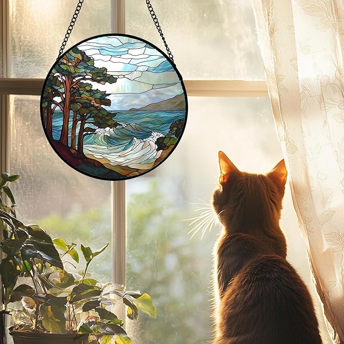 Stained Glass Window Hanging 4 Pcs Set Ocean Waves Large 15" - Blue and White Sea Suncatcher Door Garden Sun Catcher Decor Birthday Christmas for Mom Woman Nana Men