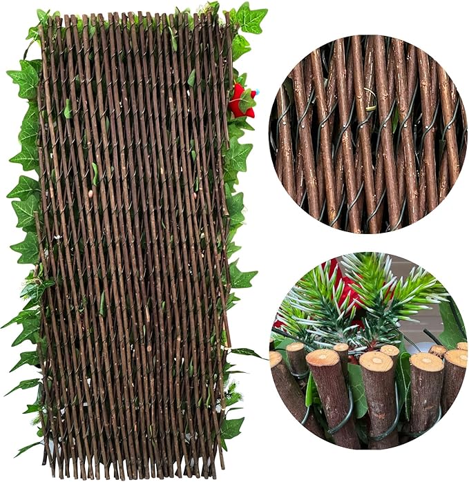 Expandable Fence Privacy Screen for Balcony Patio Outdoor,Decorative Faux Ivy Fencing Panel,Artificial Hedges (Single Sided Leaves) (2, Christmas-Ivy)