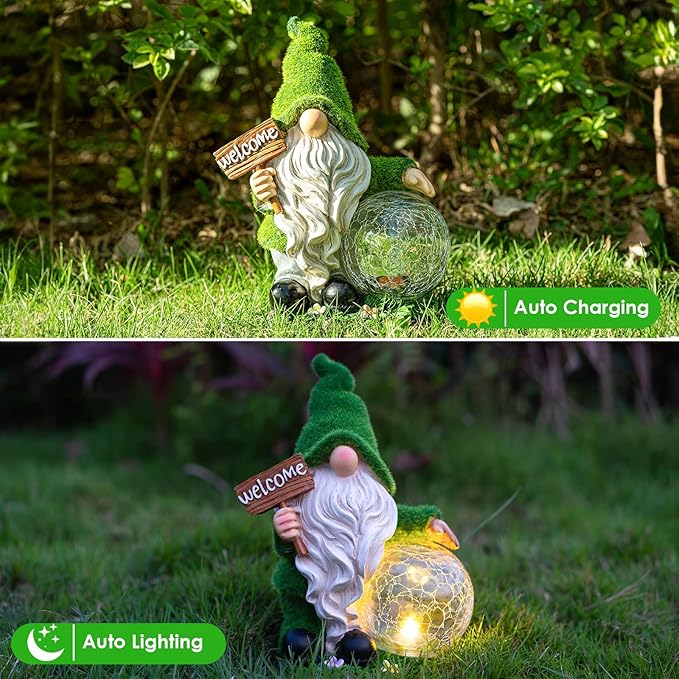 Gnome Garden Statue Figurine Decor with Solar Lights, Outdoor Garden Succulent Ornaments Waterproof Decoration for Outside Patio Yard Lawn Decor