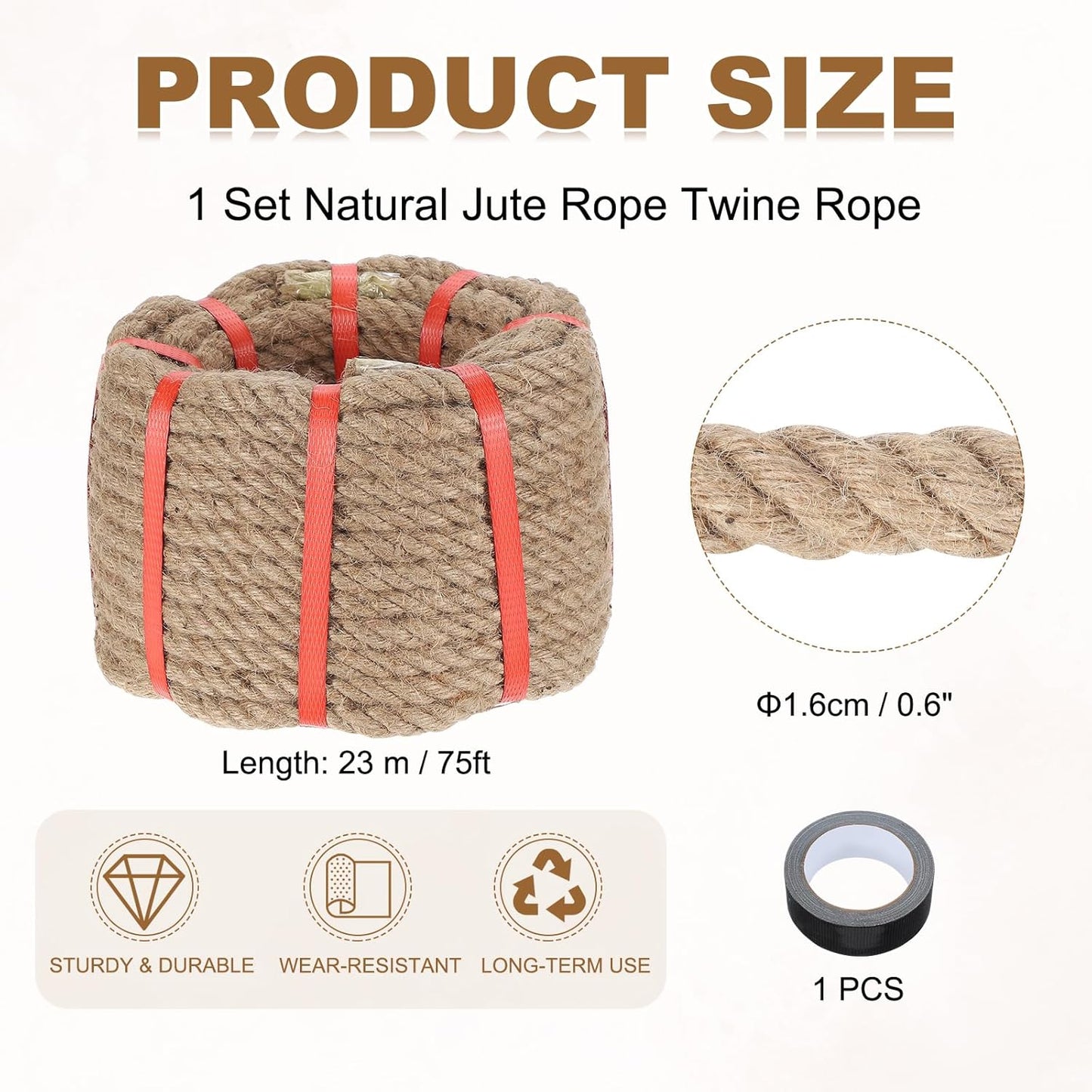 MECCANIXITY Jute Rope 0.6 Inch x 75ft, Thick Twine Rope Ropes Braided Jute Twine Natural Brown Burlap Cord String Heavy Twisted with Tape for Decorative Crafts Railing Swing Tug of War
