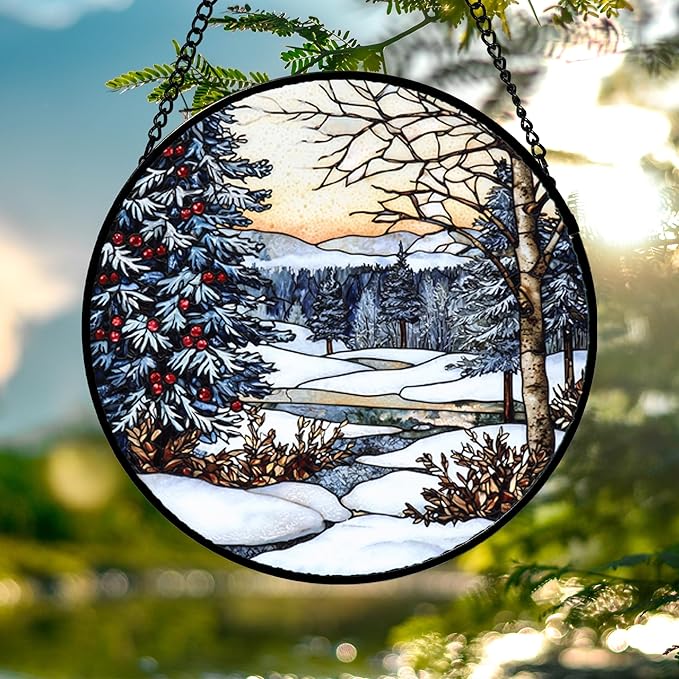 Stained Glass Window Hanging, Winter Snow Landscape Suncatcher Diamond Glass Panel Sun Catchers Decor for Birthday for Women, Men, Wife, Aunt, and Mom 6.3x6.3 in